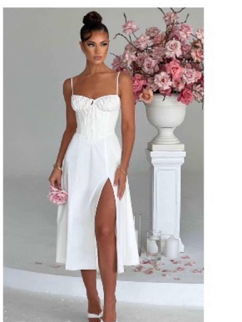 White Spaghetti-Strap Midi Dress with Corset Bodice and Thigh Slit